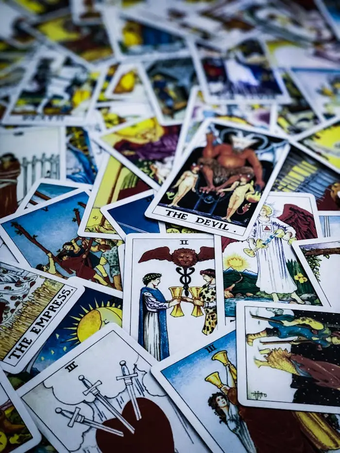 A vibrant spread of tarot cards with various illustrations, ideal for divination themes.